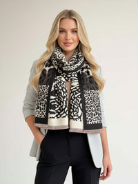 LARGE BLACK ZEBRA LEOPARD PRINT REVERSIBLE WINTER SHAWL BLANKET SCARF