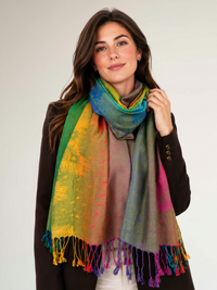 LARGE YELLOW RAINBOW FEATHER AND LEAF PRINT PASHMINA SHAWL SCARF