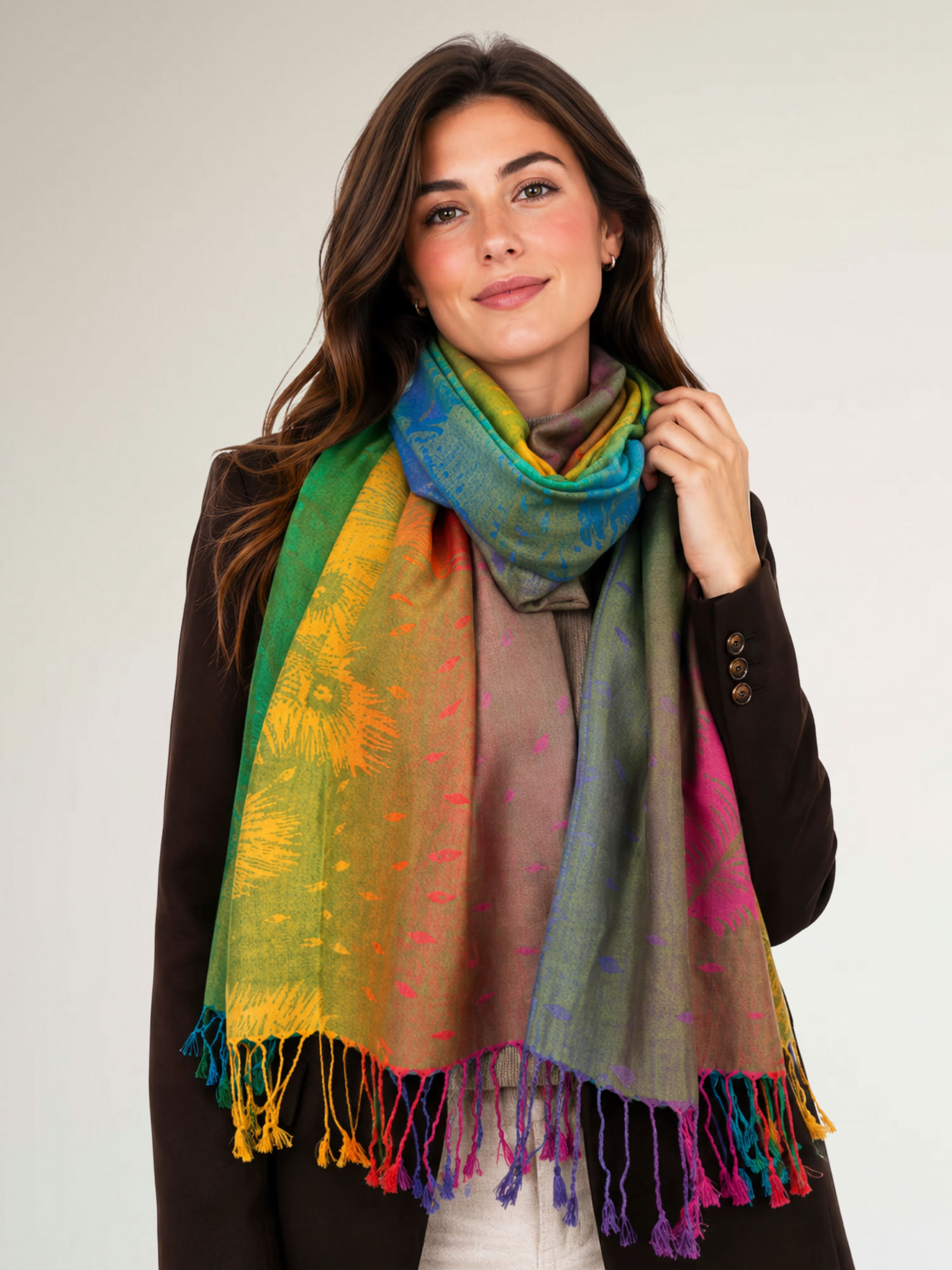 LARGE YELLOW RAINBOW FEATHER AND LEAF PRINT PASHMINA SHAWL SCARF