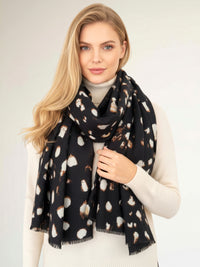 LARGE BLACK WOOL SPOTTY LEOPARD PRINT SCARF