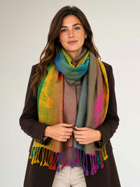 LARGE YELLOW RAINBOW FEATHER AND LEAF PRINT PASHMINA SHAWL SCARF