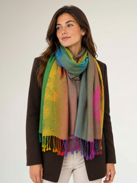 LARGE YELLOW RAINBOW FEATHER AND LEAF PRINT PASHMINA SHAWL SCARF