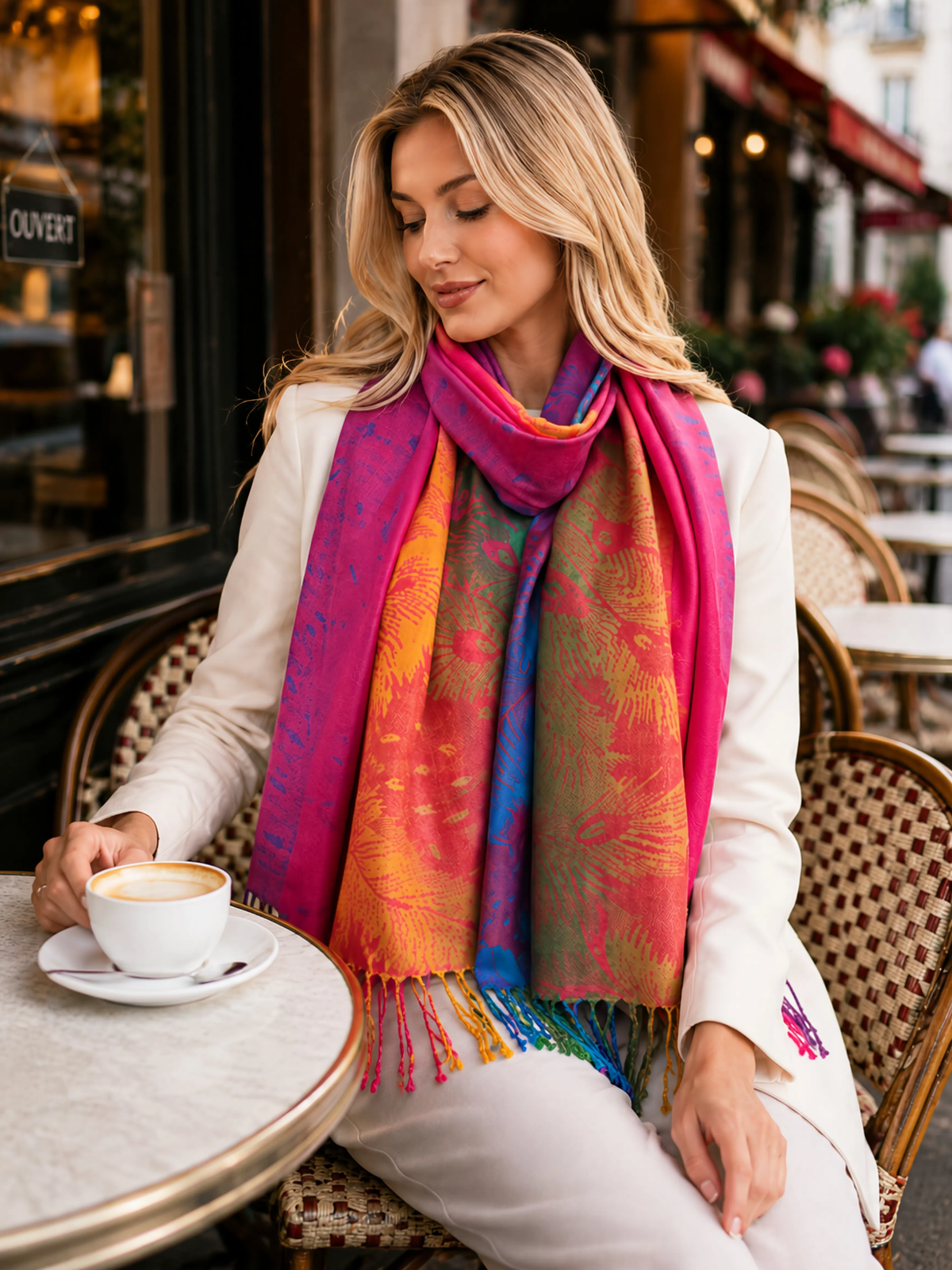 LARGE FUCHSIA PINK RAINBOW FEATHER AND LEAF PRINT PASHMINA SHAWL SCARF