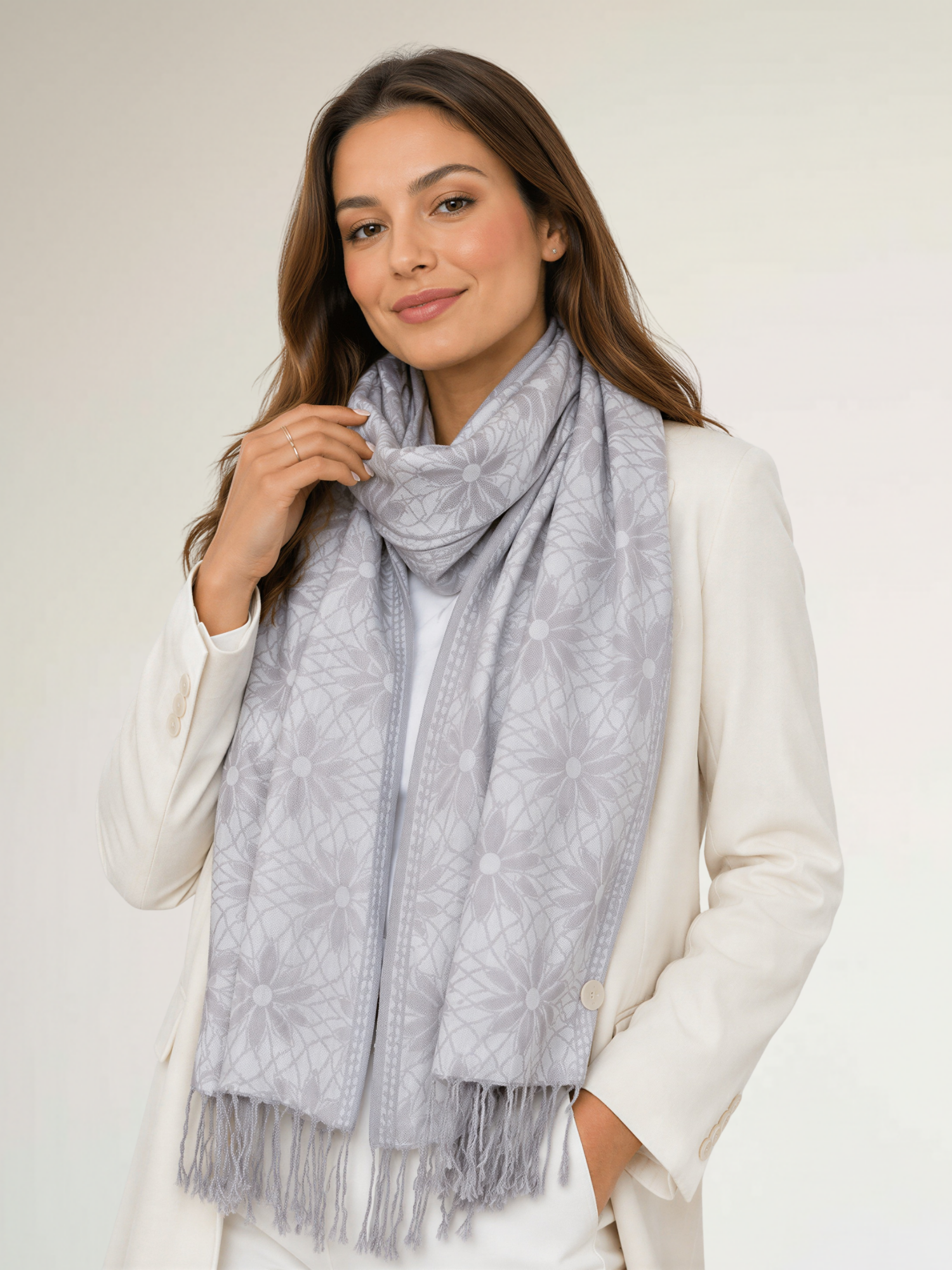 LARGE SILVER FLORAL DAISY PRINT GEOMETRIC REVERSIBLE PASHMINA SHAWL SCARF