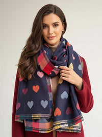 LARGE CHECKED HEART PRINT REVERSIBLE WINTER SHAWL BLANKET SCARF - NAVY BLUE