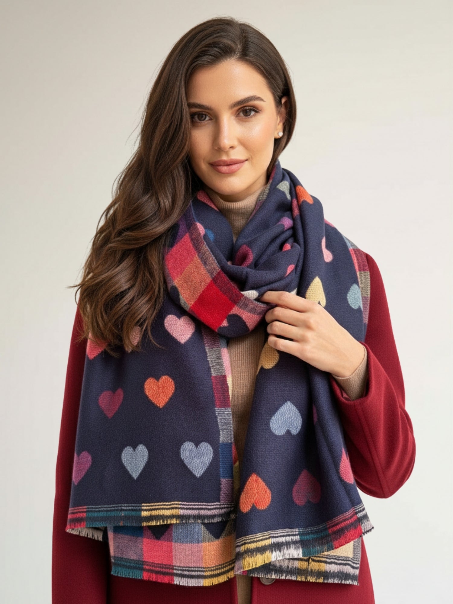 LARGE CHECKED HEART PRINT REVERSIBLE WINTER SHAWL BLANKET SCARF - NAVY BLUE