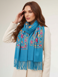 LARGE BLUE FLOWER PRINT CASHMERE COTTON BLEND WINTER SHAWL BLANKET SCARF