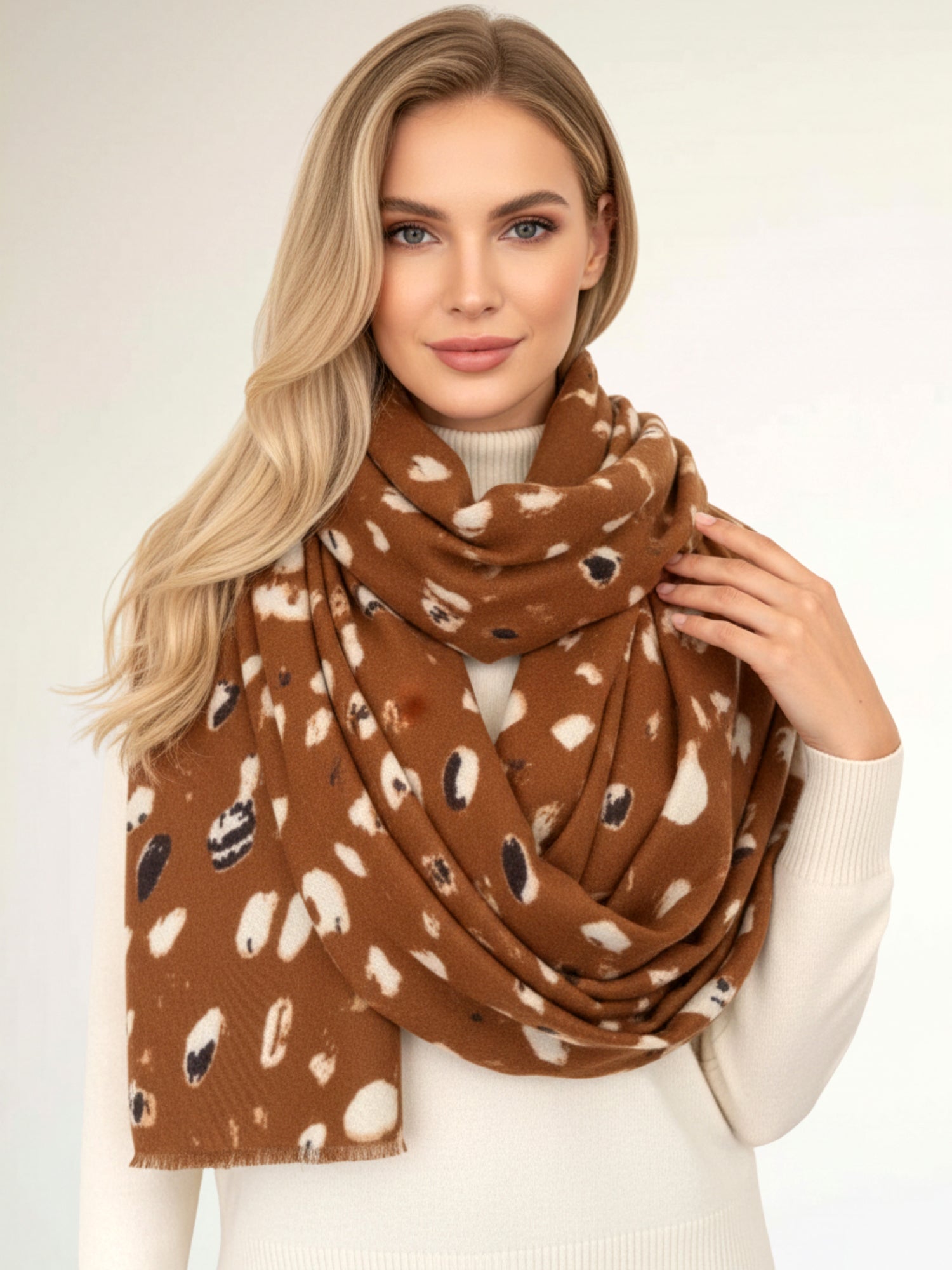 LARGE BROWN WOOL SPOTTY LEOPARD PRINT SCARF