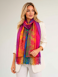 LARGE FUCHSIA PINK RAINBOW FEATHER AND LEAF PRINT PASHMINA SHAWL SCARF