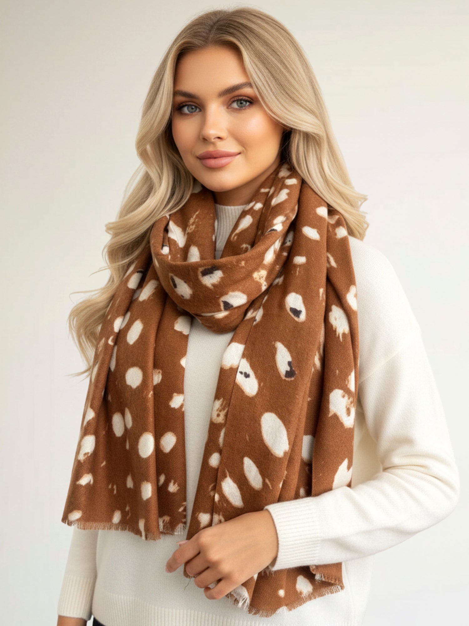 LARGE BROWN WOOL SPOTTY LEOPARD PRINT SCARF