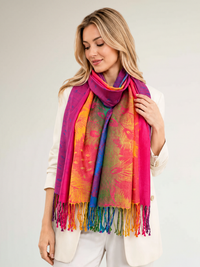 LARGE FUCHSIA PINK RAINBOW FEATHER AND LEAF PRINT PASHMINA SHAWL SCARF