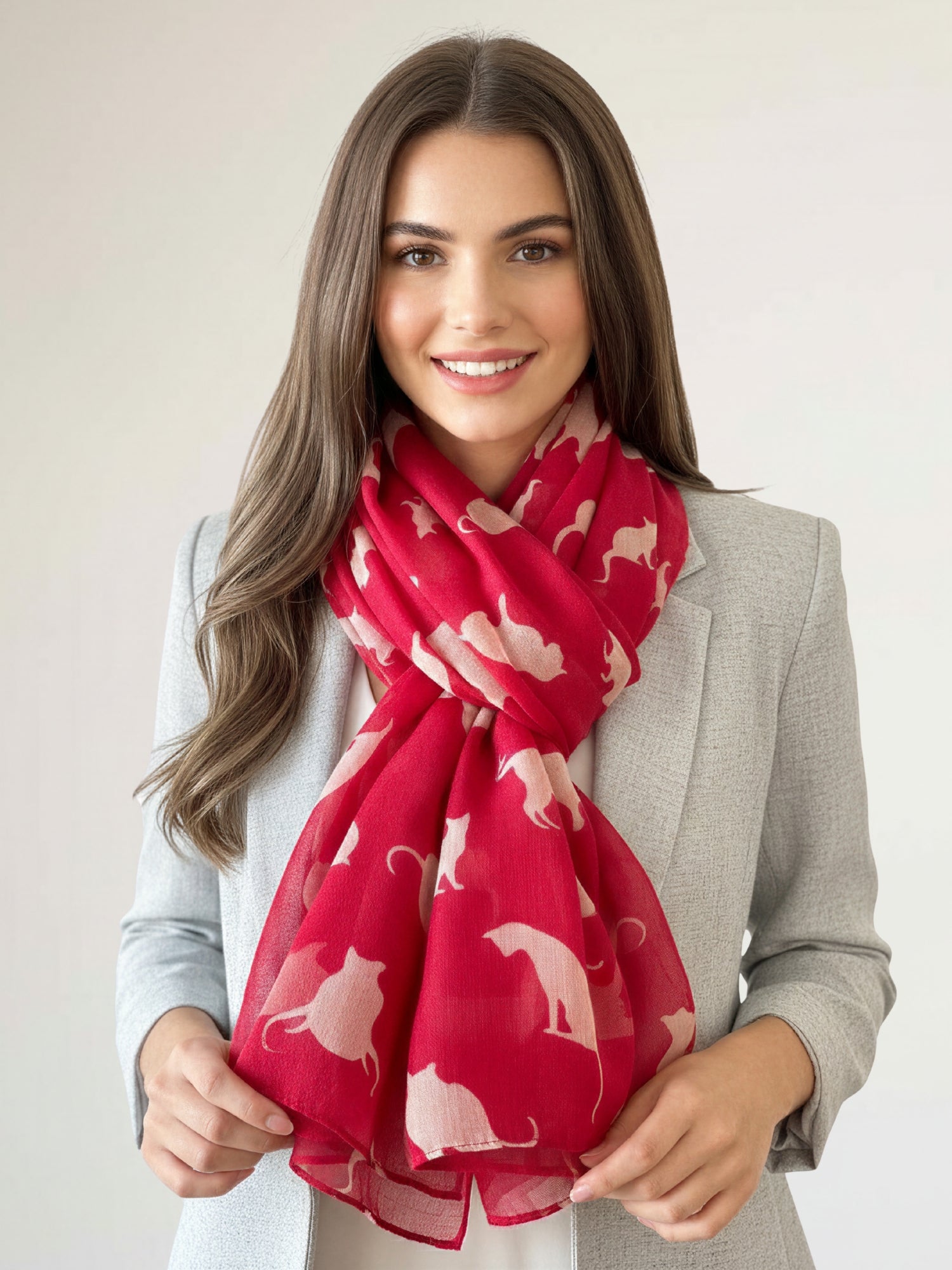 LIGHTWEIGHT PLAIN RED AND BEIGE CAT SCARF - A-SHU.CO.UK