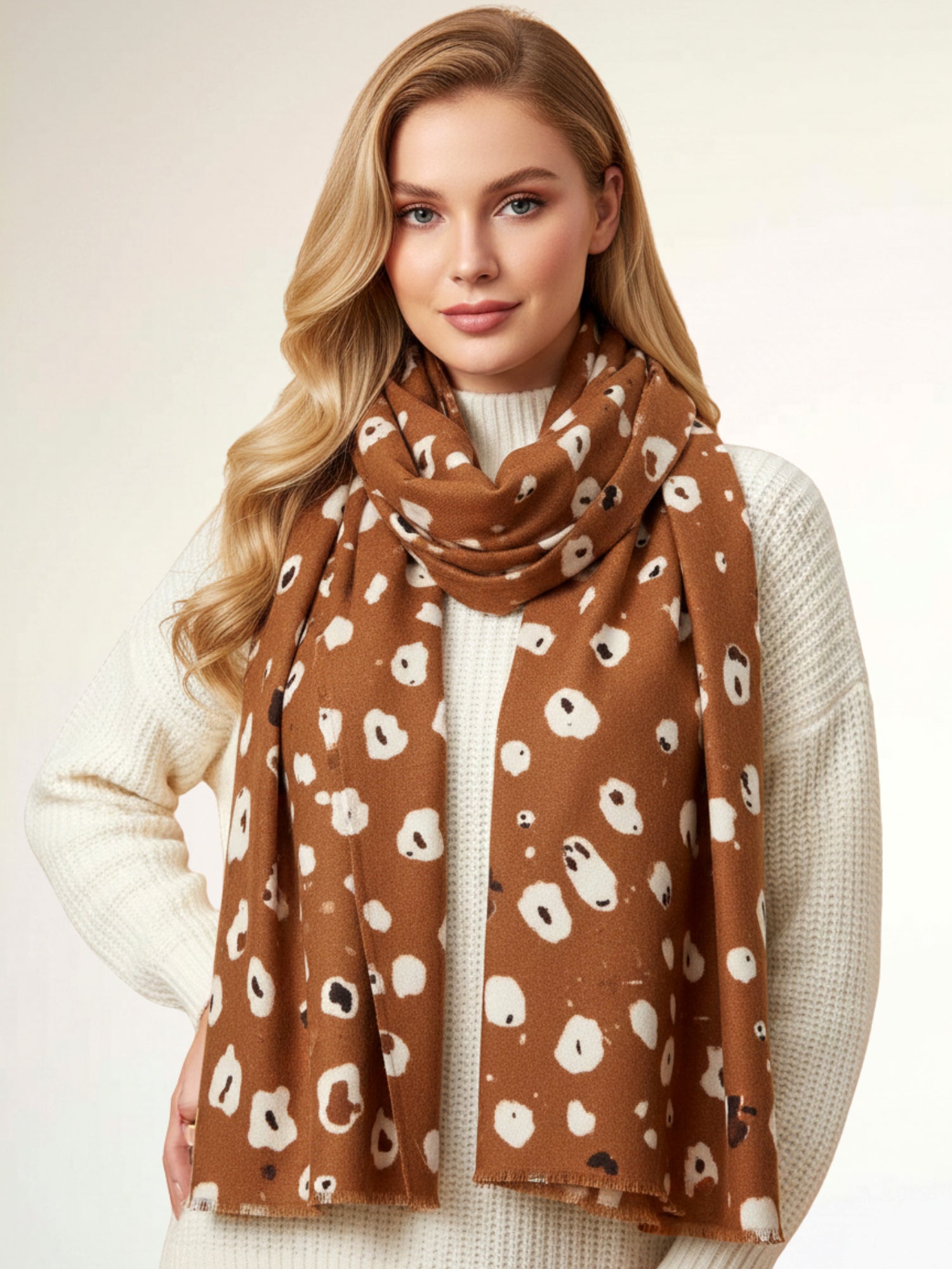 LARGE BROWN WOOL SPOTTY LEOPARD PRINT SCARF