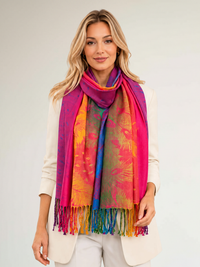 LARGE FUCHSIA PINK RAINBOW FEATHER AND LEAF PRINT PASHMINA SHAWL SCARF