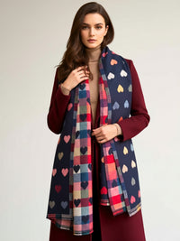 LARGE CHECKED HEART PRINT REVERSIBLE WINTER SHAWL BLANKET SCARF - NAVY BLUE