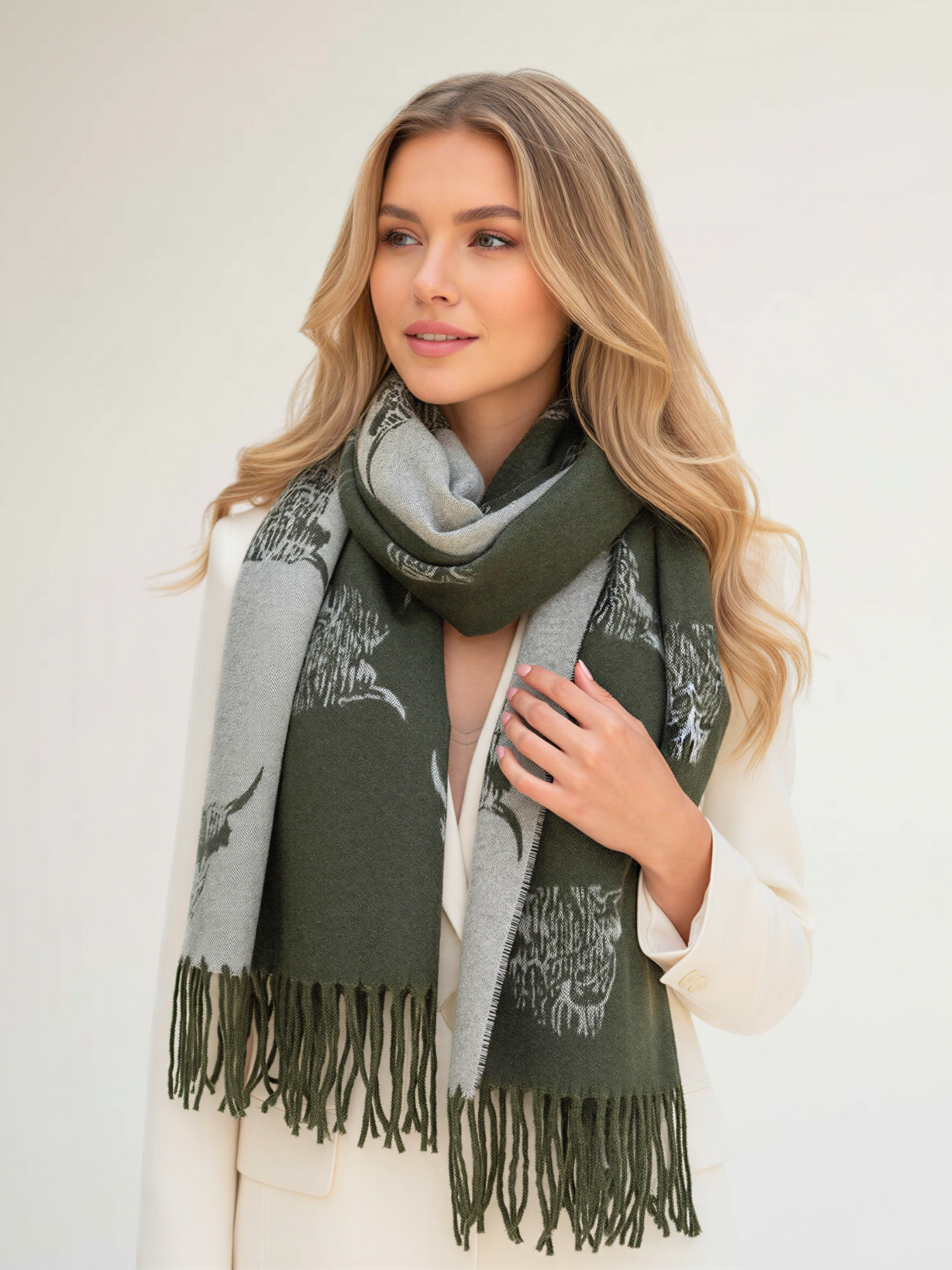 LARGE OLIVE BEIGE HIGHLAND COW CASHMERE REVERSIBLE SHAWL SCARF