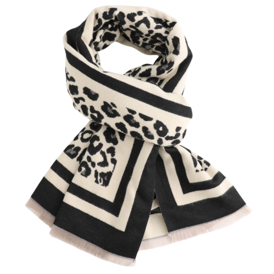 LARGE BLACK CREAM LEOPARD PRINT REVERSIBLE WINTER SHAWL BLANKET SCARF