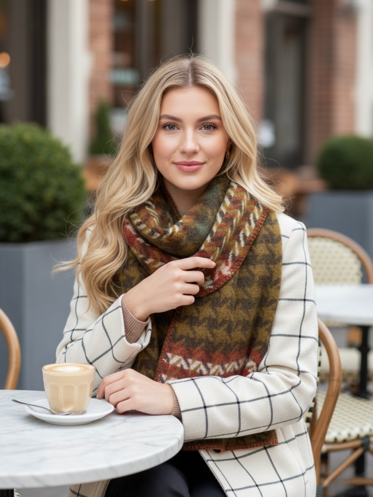 CHUNKY GREEN TARTAN HERRINGBONE STITCHED EDGE SCARF