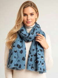 LARGE BLUE WOOL SPOTTY LEOPARD PRINT SCARF