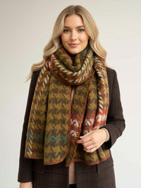 CHUNKY GREEN TARTAN HERRINGBONE STITCHED EDGE SCARF