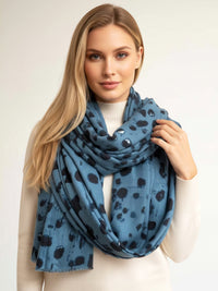 LARGE BLUE WOOL SPOTTY LEOPARD PRINT SCARF
