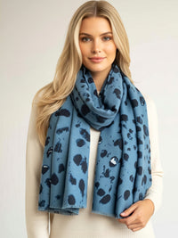 LARGE BLUE WOOL SPOTTY LEOPARD PRINT SCARF