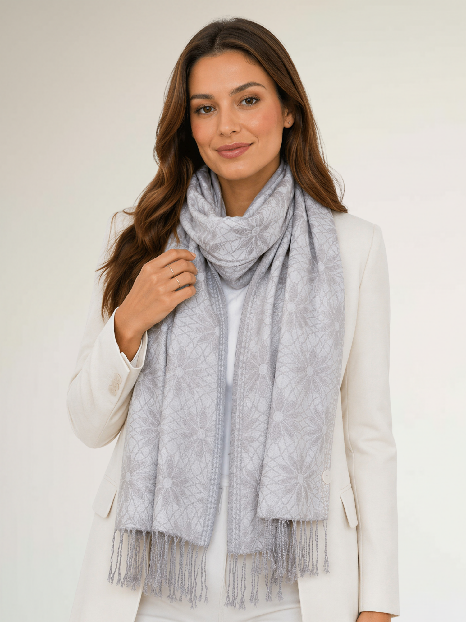 LARGE SILVER FLORAL DAISY PRINT GEOMETRIC REVERSIBLE PASHMINA SHAWL SCARF