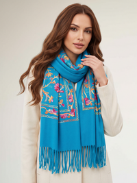 LARGE BLUE FLOWER PRINT CASHMERE COTTON BLEND WINTER SHAWL BLANKET SCARF