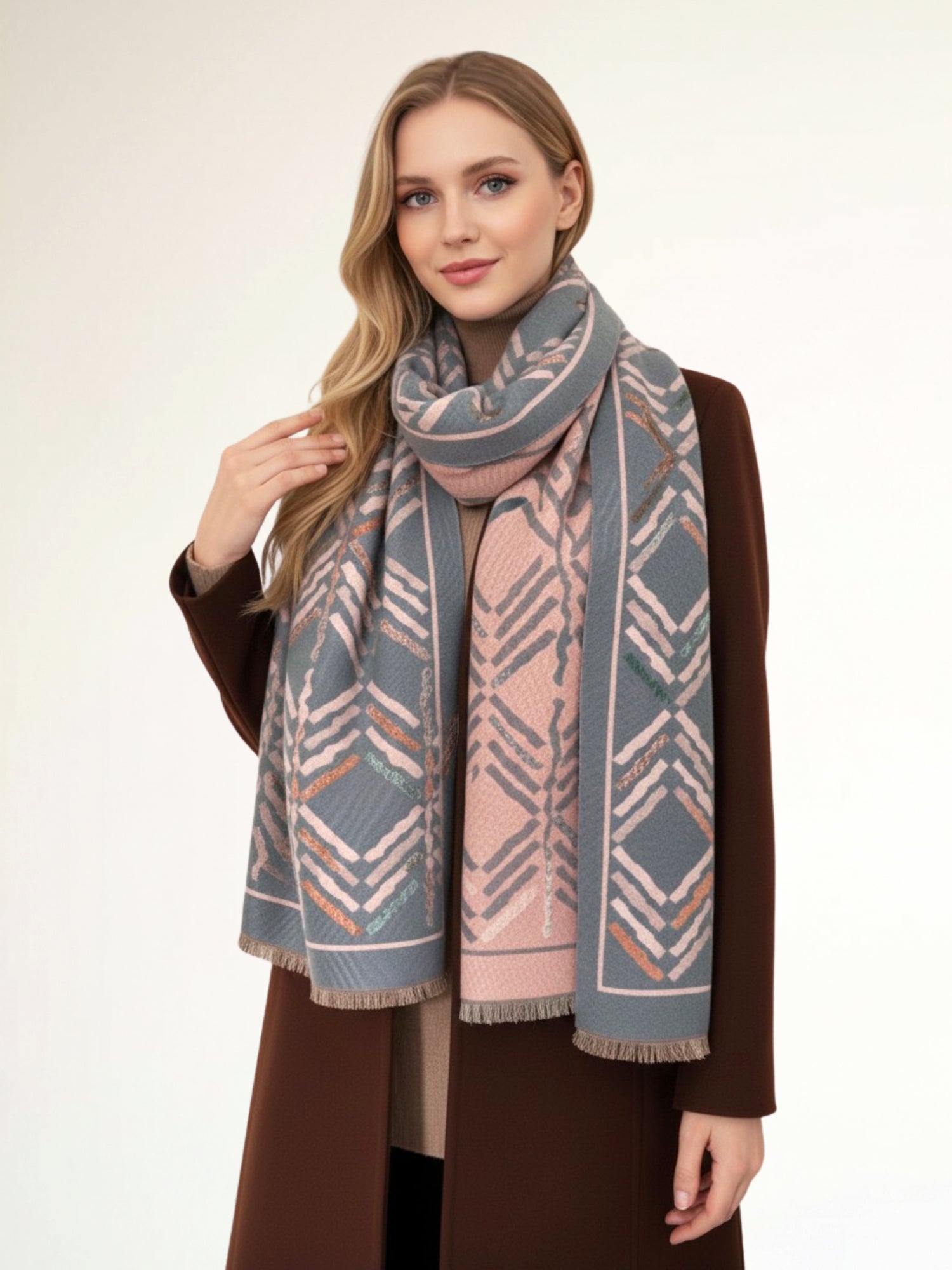 LARGE GREY RETRO PRINT REVERSIBLE WOOL WINTER SHAWL BLANKET SCARF