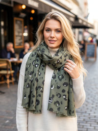 LARGE GREEN WOOL SPOTTY LEOPARD PRINT SCARF