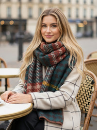 CHUNKY TEAL TARTAN HERRINGBONE STITCHED EDGE SCARF