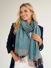TEAL PAISLEY PRINT REVERSIBLE PASHMINA SHAWL SCARF - A-SHU.CO.UK