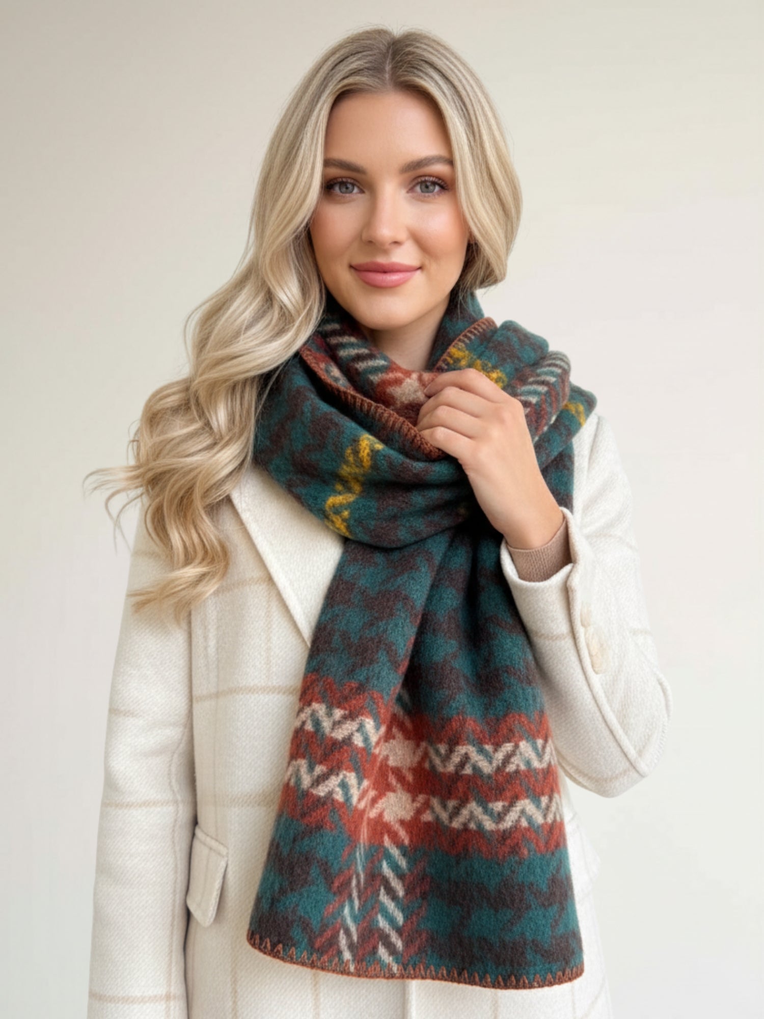 CHUNKY TEAL TARTAN HERRINGBONE STITCHED EDGE SCARF