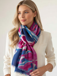 LARGE FUCHSIA NAVY BLUE BRIGHT FLORAL COTTON MIX SCARF