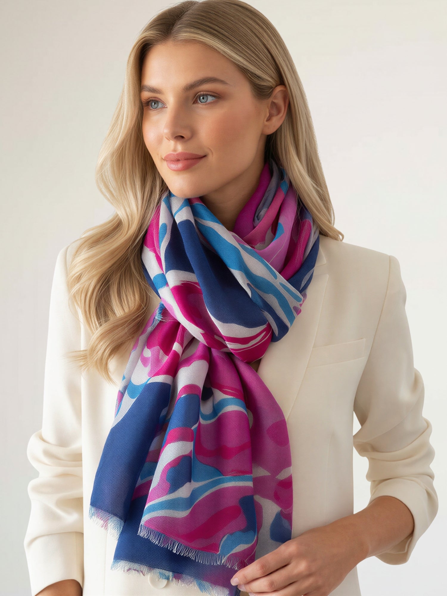 LARGE FUCHSIA NAVY BLUE BRIGHT FLORAL COTTON MIX SCARF