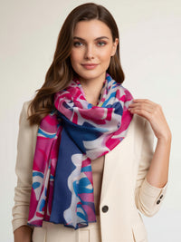 LARGE FUCHSIA NAVY BLUE BRIGHT FLORAL COTTON MIX SCARF