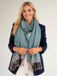 TEAL PAISLEY PRINT REVERSIBLE PASHMINA SHAWL SCARF - A-SHU.CO.UK