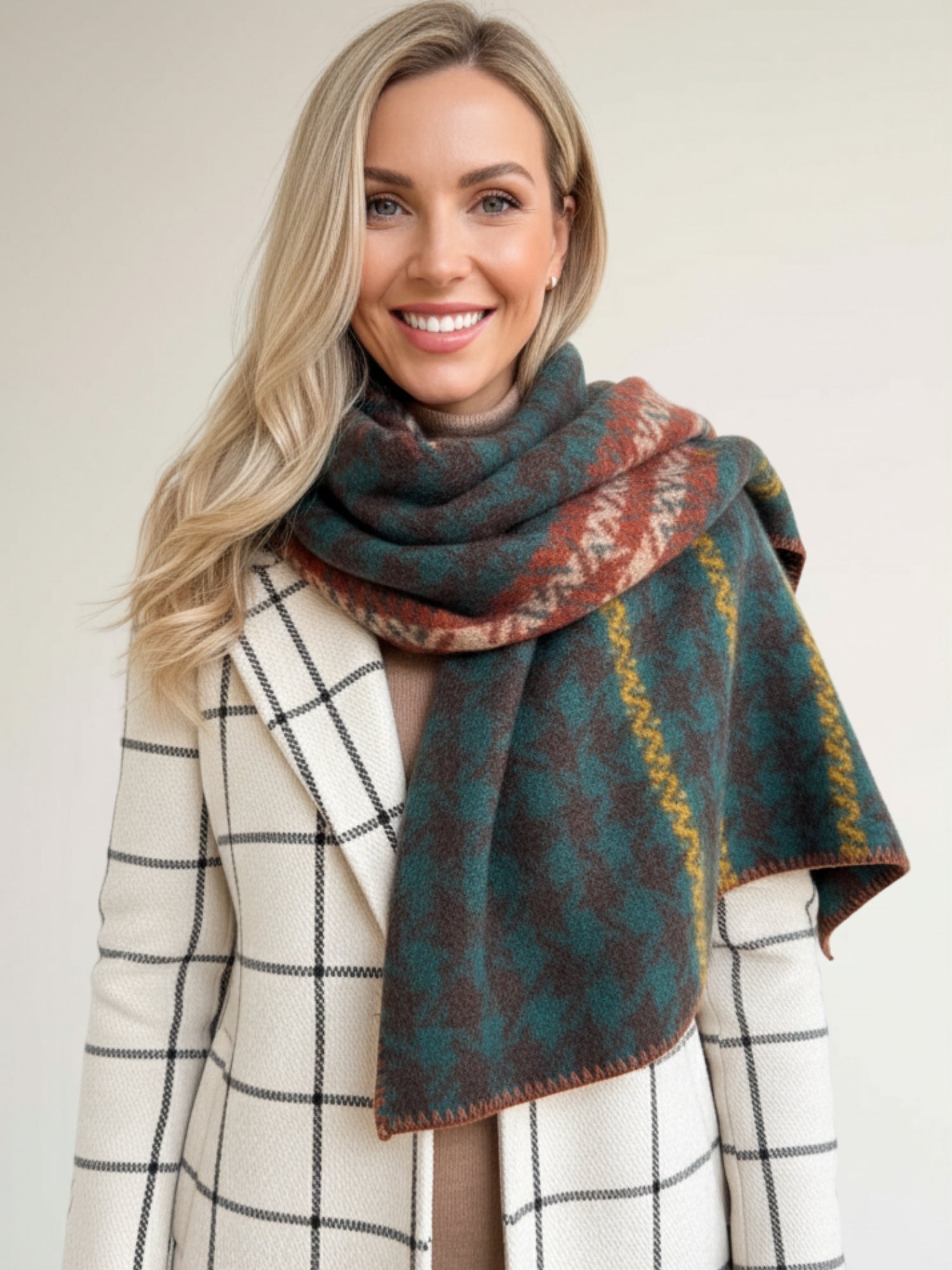 CHUNKY TEAL TARTAN HERRINGBONE STITCHED EDGE SCARF