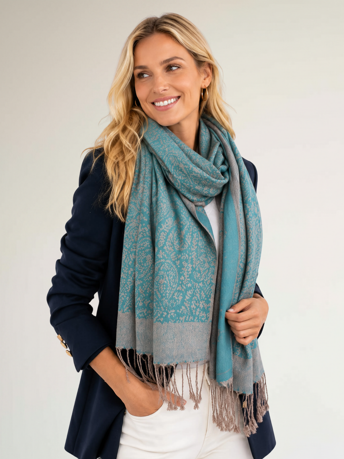 TEAL PAISLEY PRINT REVERSIBLE PASHMINA SHAWL SCARF - A-SHU.CO.UK