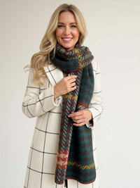 CHUNKY TEAL TARTAN HERRINGBONE STITCHED EDGE SCARF