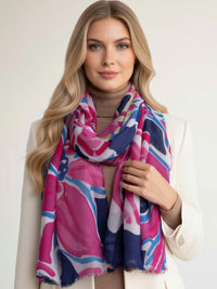 LARGE FUCHSIA NAVY BLUE BRIGHT FLORAL COTTON MIX SCARF