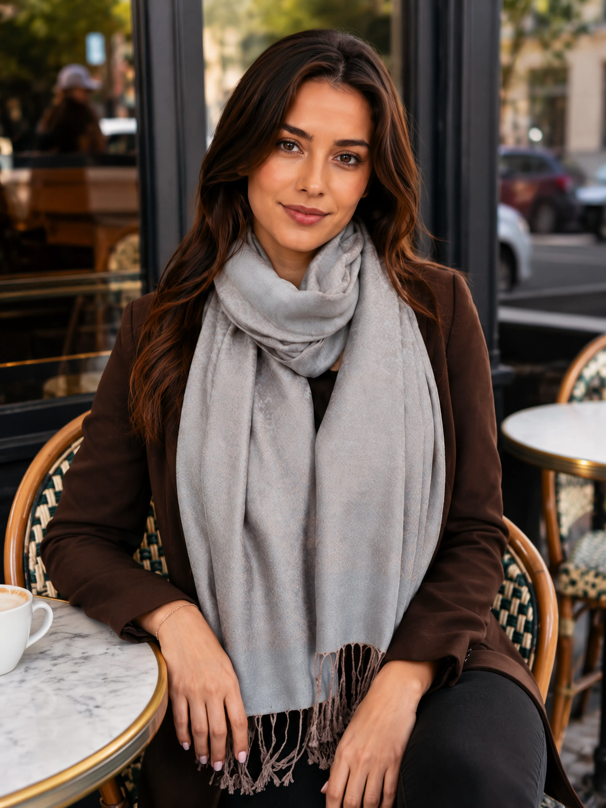 MOCHA GREY PAISLEY PRINT REVERSIBLE PASHMINA SHAWL SCARF - A-SHU.CO.UK