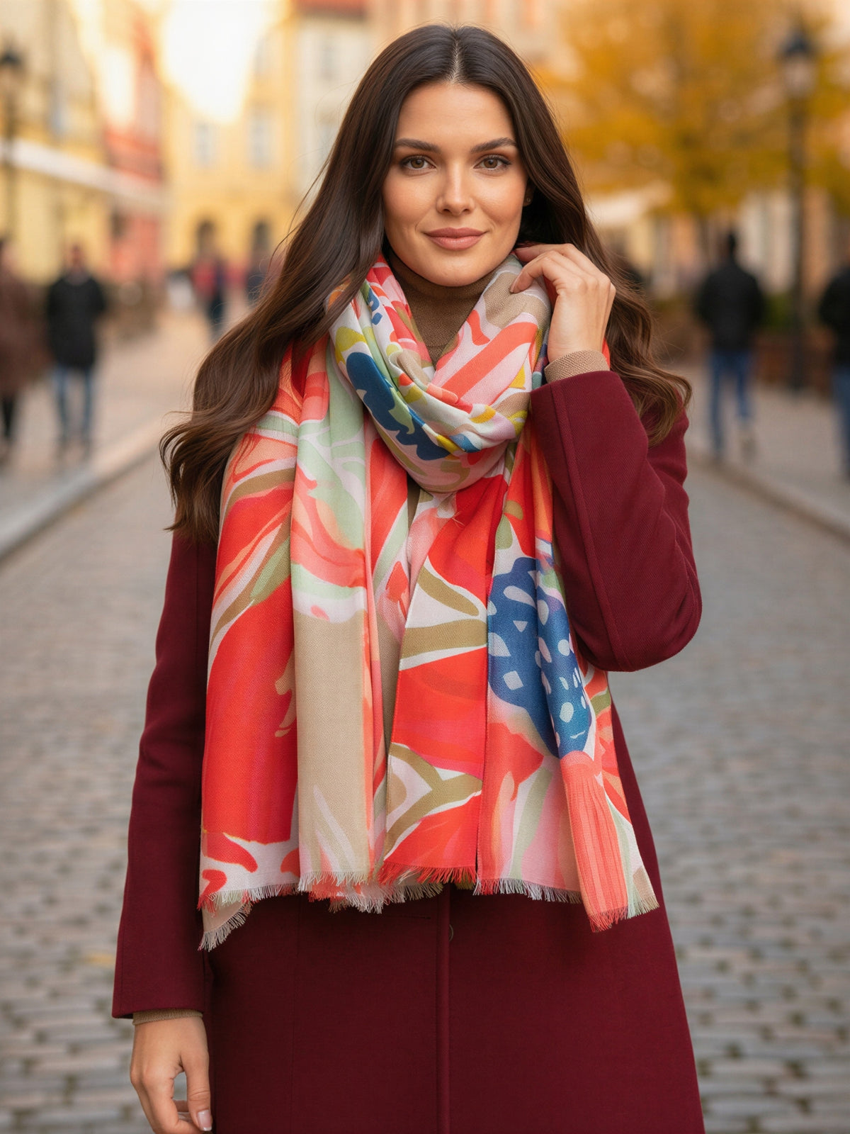 LARGE BEIGE ORANGE BRIGHT FLORAL COTTON MIX SCARF