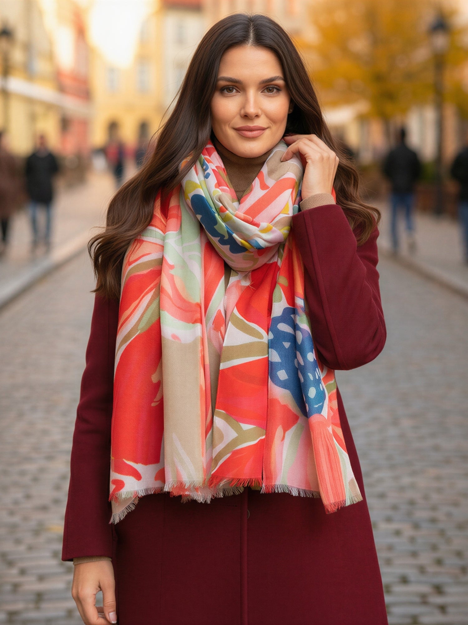 LARGE BEIGE ORANGE BRIGHT FLORAL COTTON MIX SCARF