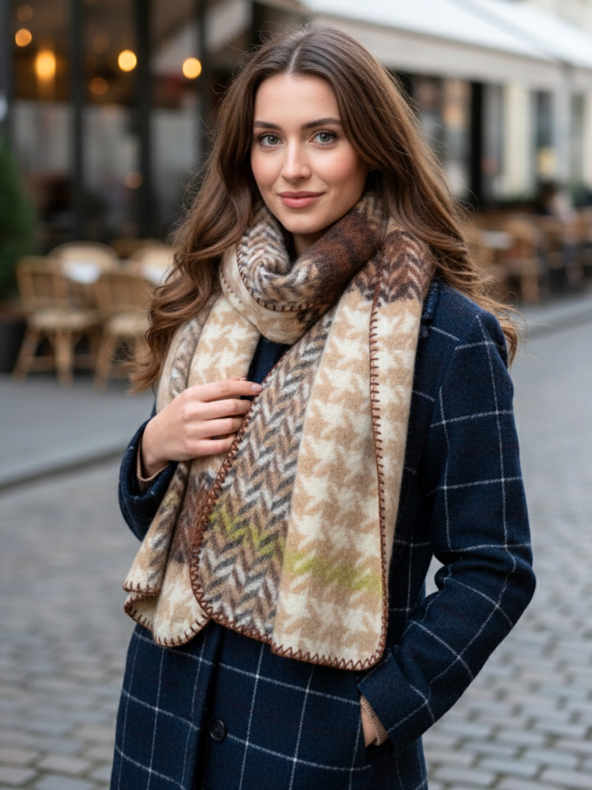 CHUNKY CREAM TARTAN HERRINGBONE STITCHED EDGE SCARF