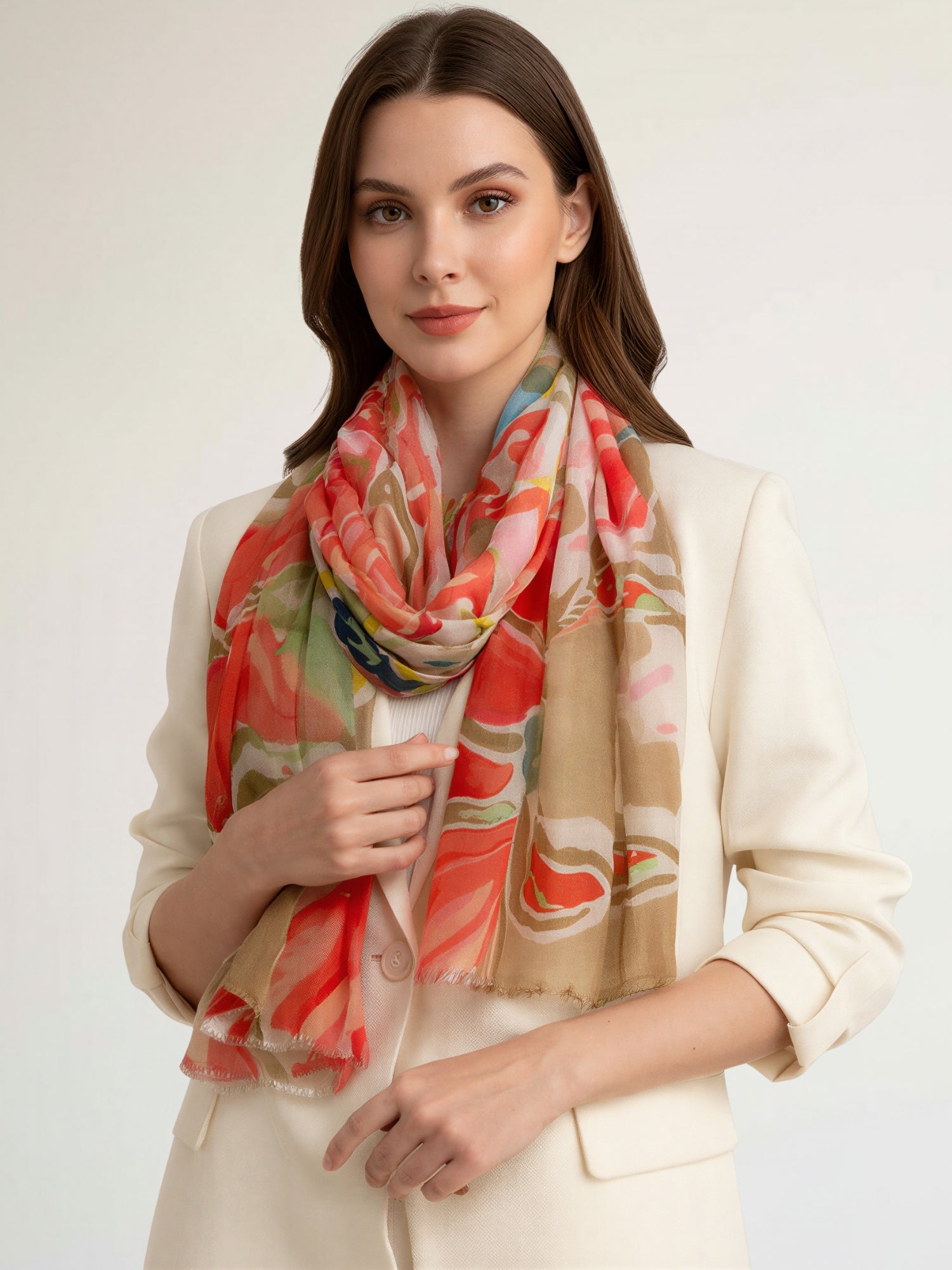 LARGE BEIGE ORANGE BRIGHT FLORAL COTTON MIX SCARF