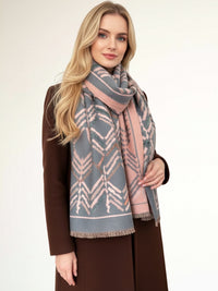 LARGE GREY RETRO PRINT REVERSIBLE WOOL WINTER SHAWL BLANKET SCARF