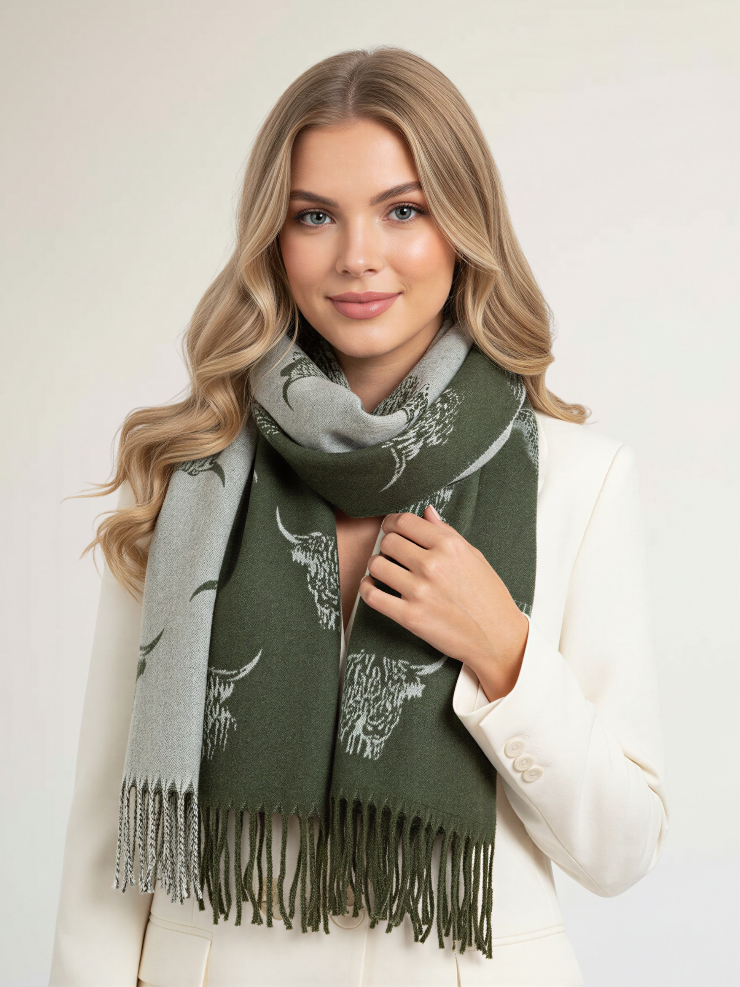 LARGE OLIVE BEIGE HIGHLAND COW CASHMERE REVERSIBLE SHAWL SCARF