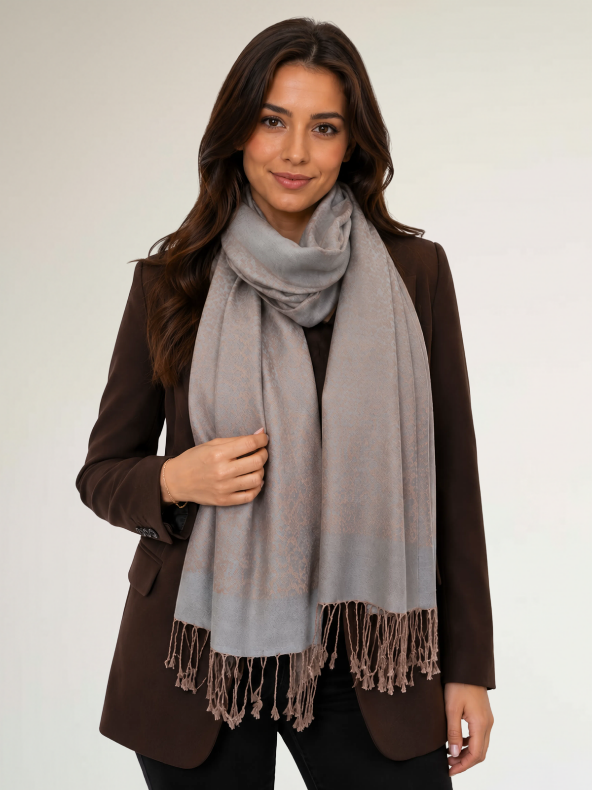 MOCHA GREY PAISLEY PRINT REVERSIBLE PASHMINA SHAWL SCARF - A-SHU.CO.UK