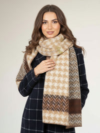 CHUNKY CREAM TARTAN HERRINGBONE STITCHED EDGE SCARF